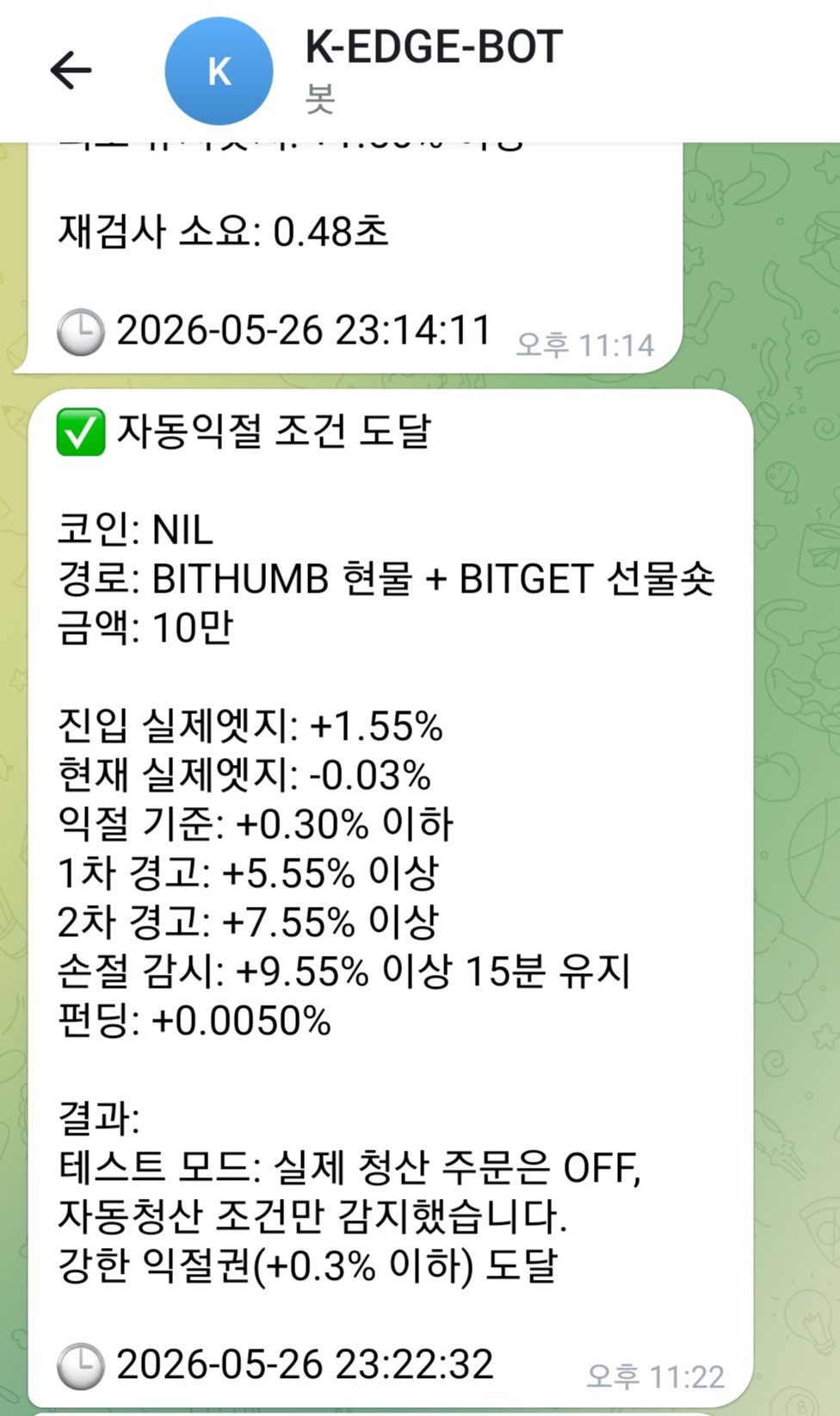자동 익절 조건 도달 텔레그램 알림 화면